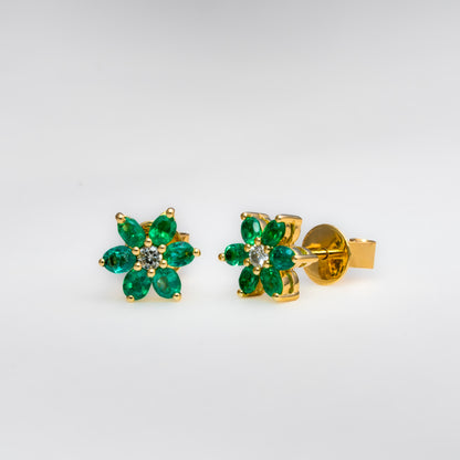 Aretes oro amarillo con esmeraldas y diamantes naturales - ARA128