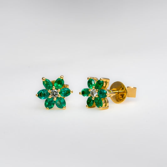 Aretes oro amarillo con esmeraldas y diamantes naturales - ARA128