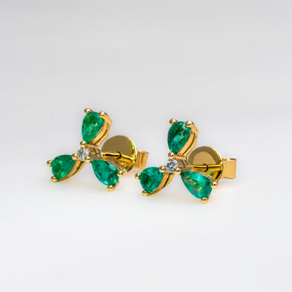 Aretes oro amarillo con esmeraldas y diamantes naturales - ARA131